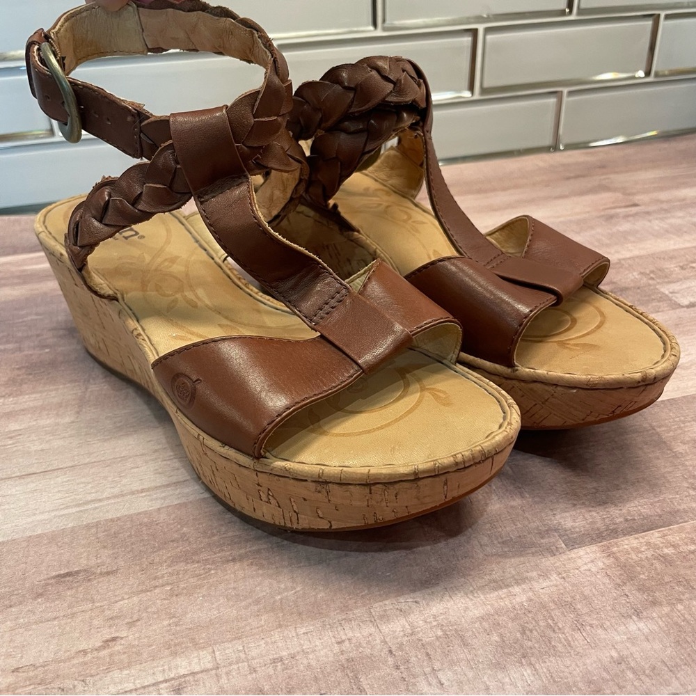 Born Laurene In Saddle Brown Braided Leather Cork Wedge Sandals Size 7 - Picture 2 of 12
